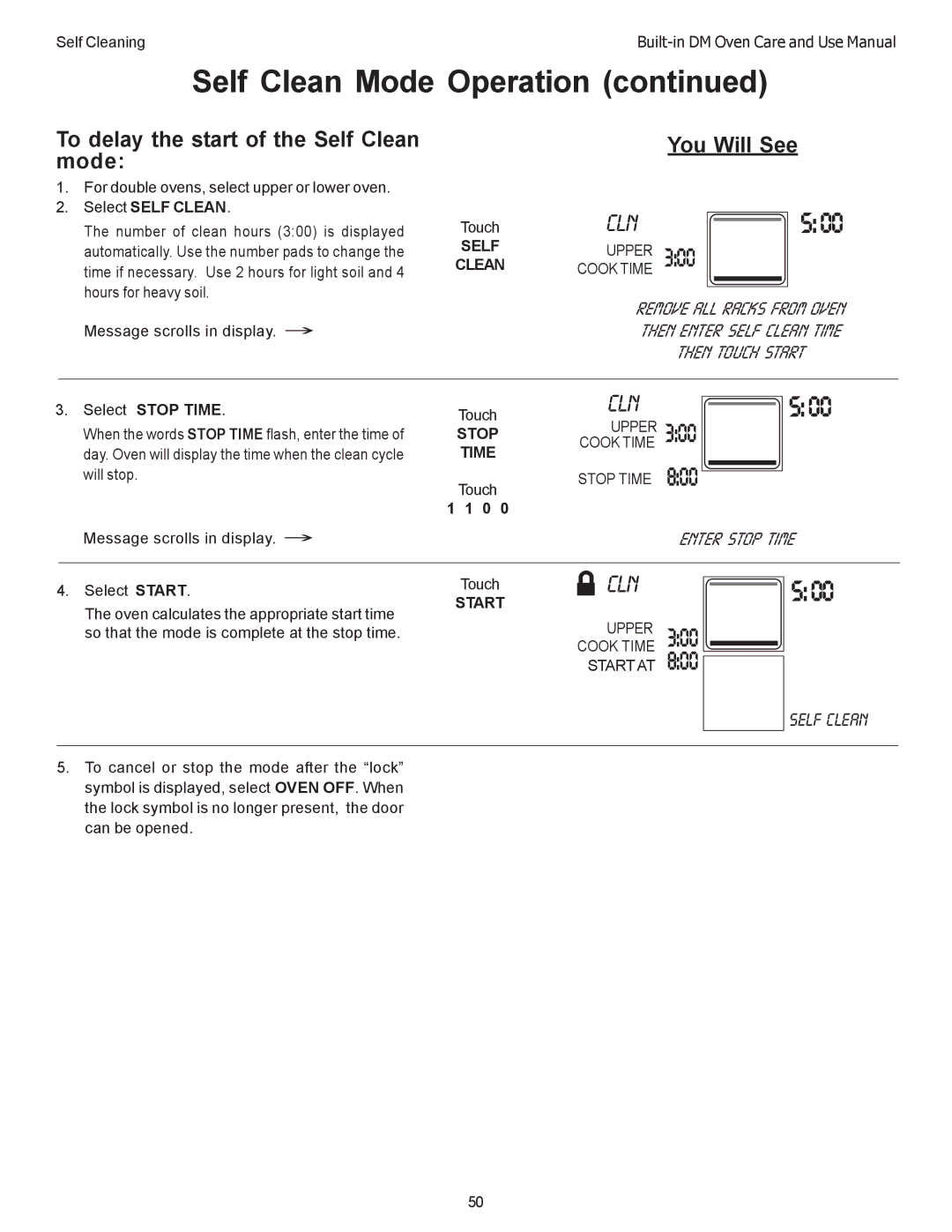 Thermador DM302, DM301 manual To delay the start of the Self Clean mode, Self Upper, Stop 