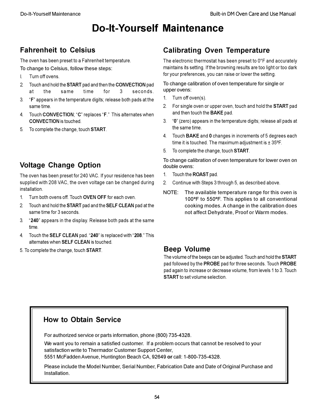 Thermador DM302, DM301 manual Fahrenheit to Celsius, Voltage Change Option, Calibrating Oven Temperature, Beep Volume 