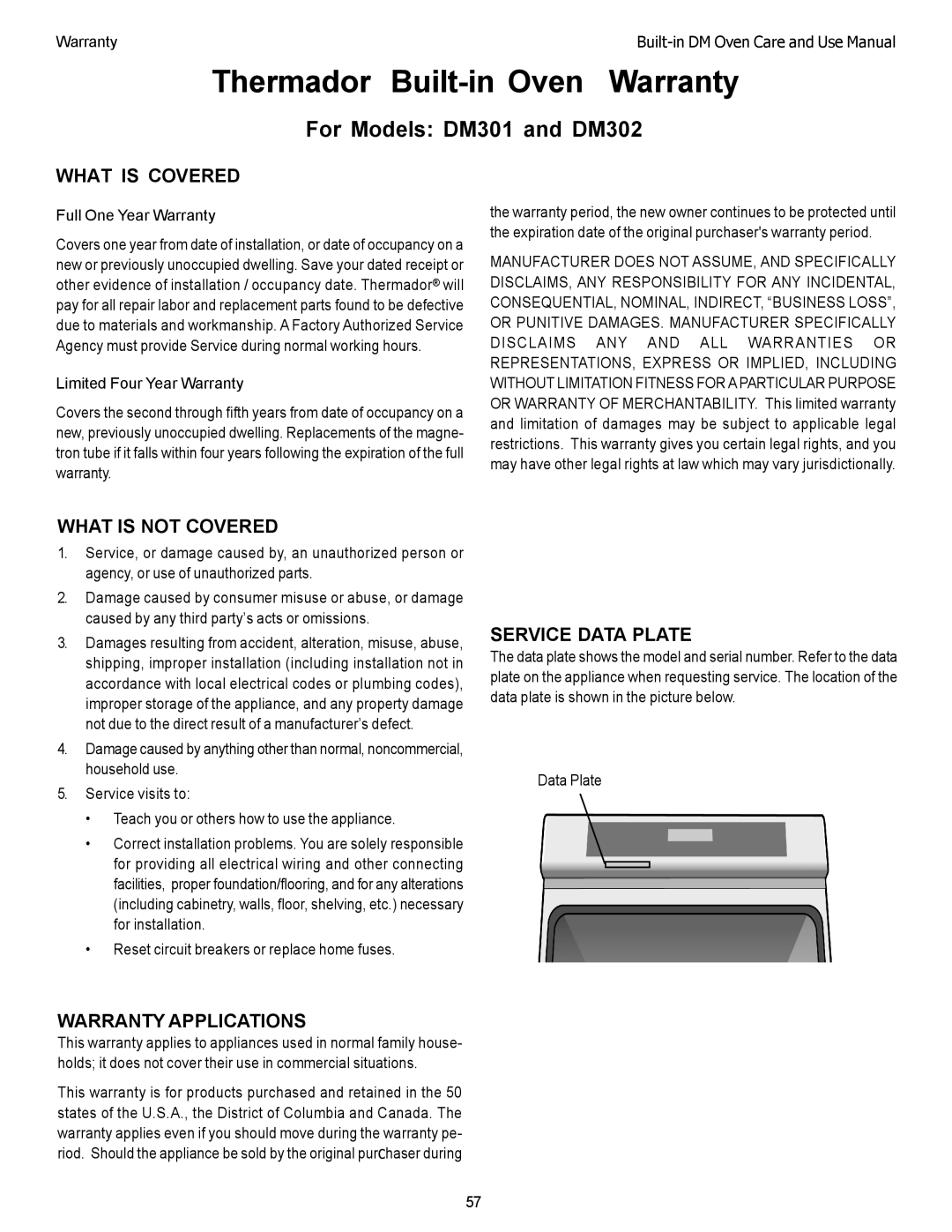 Thermador manual Thermador Built-in Oven Warranty, For Models DM301 and DM302, Full One Year Warranty 