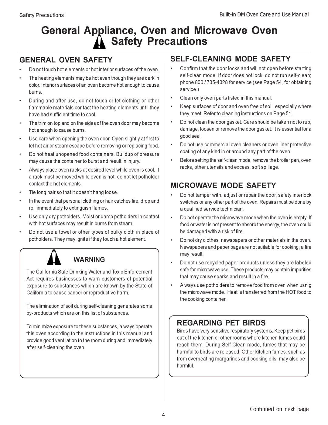 Thermador DM302, DM301 manual General Oven Safety, SELF-CLEANING Mode Safety, Microwave Mode Safety, Regarding PET Birds 