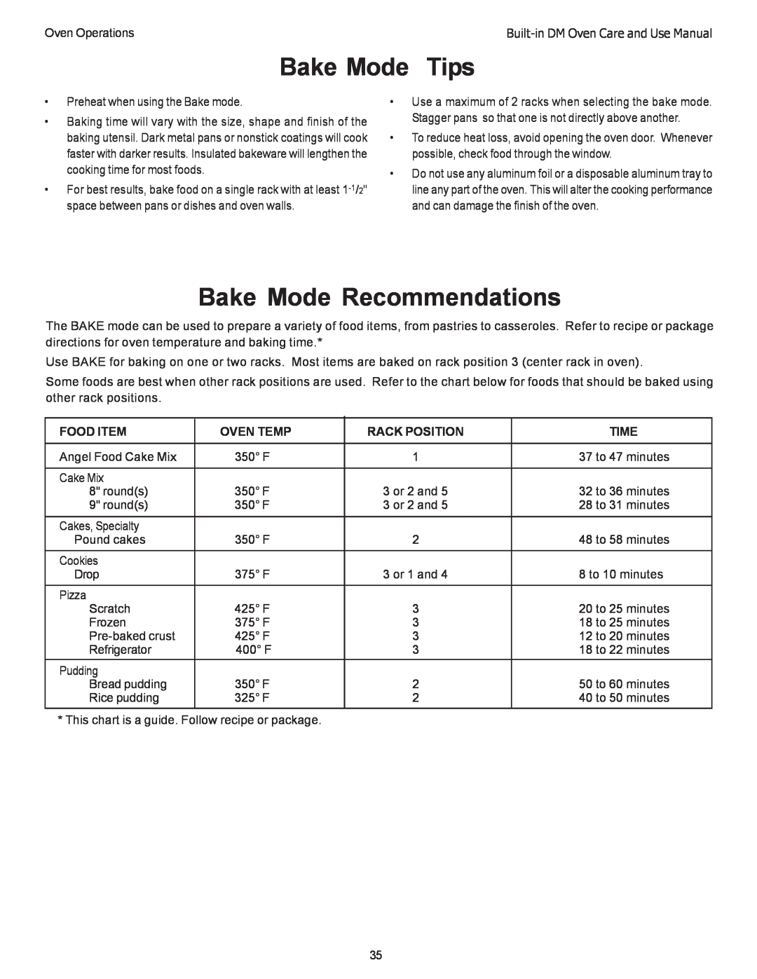 Thermador DM301, DM302 manual Bake Mode Tips, Bake Mode Recommendations 