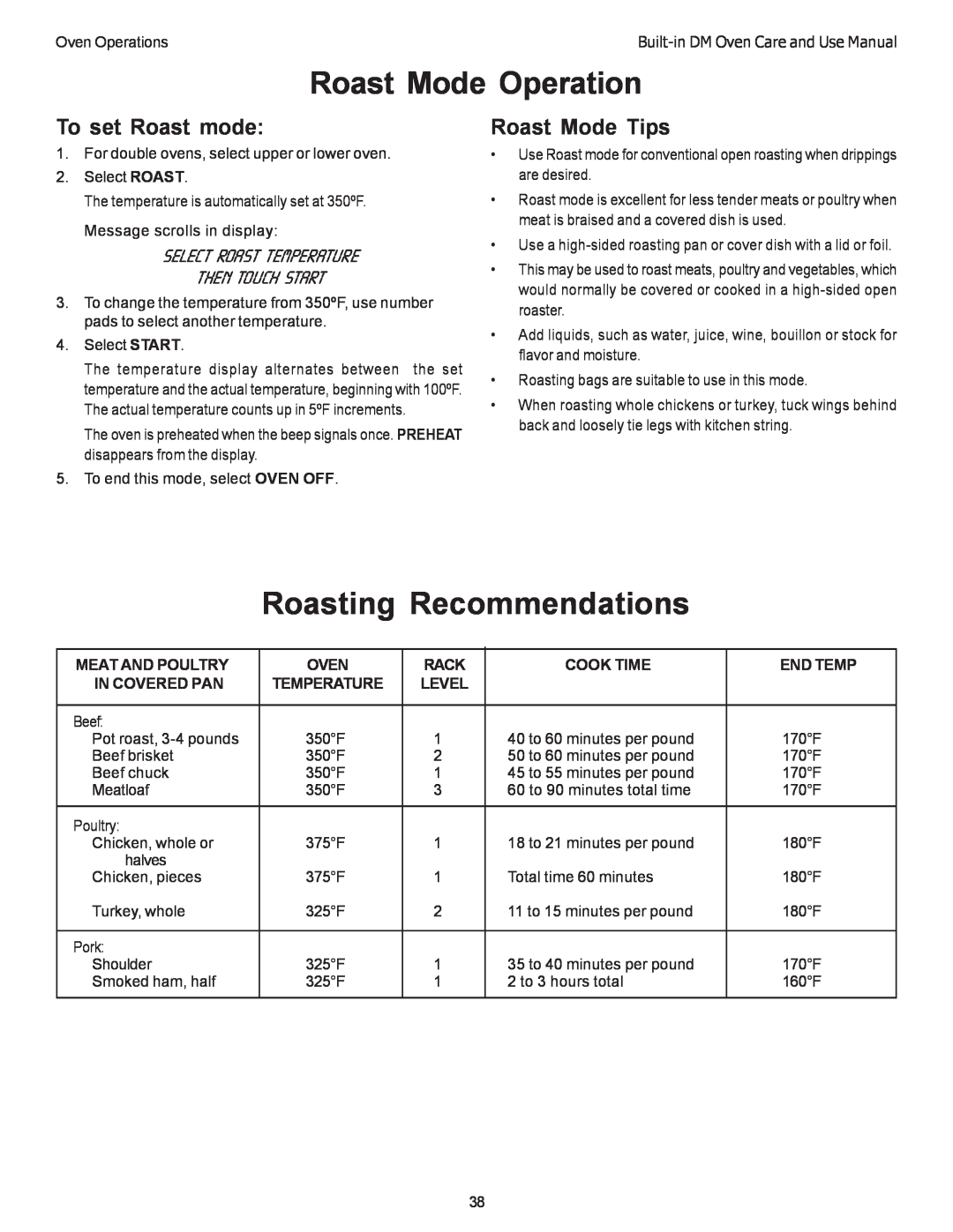 Thermador DM302, DM301 manual Roast Mode Operation, Roasting Recommendations, To set Roast mode, Roast Mode Tips 