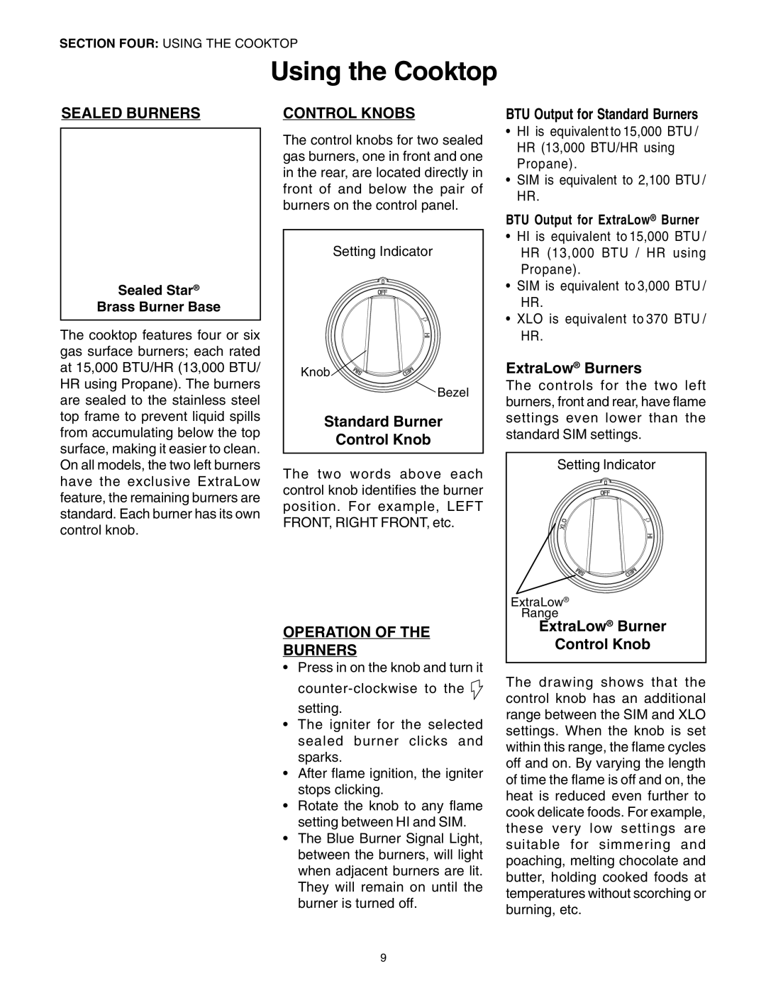 Thermador DP30 manual Using the Cooktop, Sealed Burners, Control Knobs, Operation Burners 