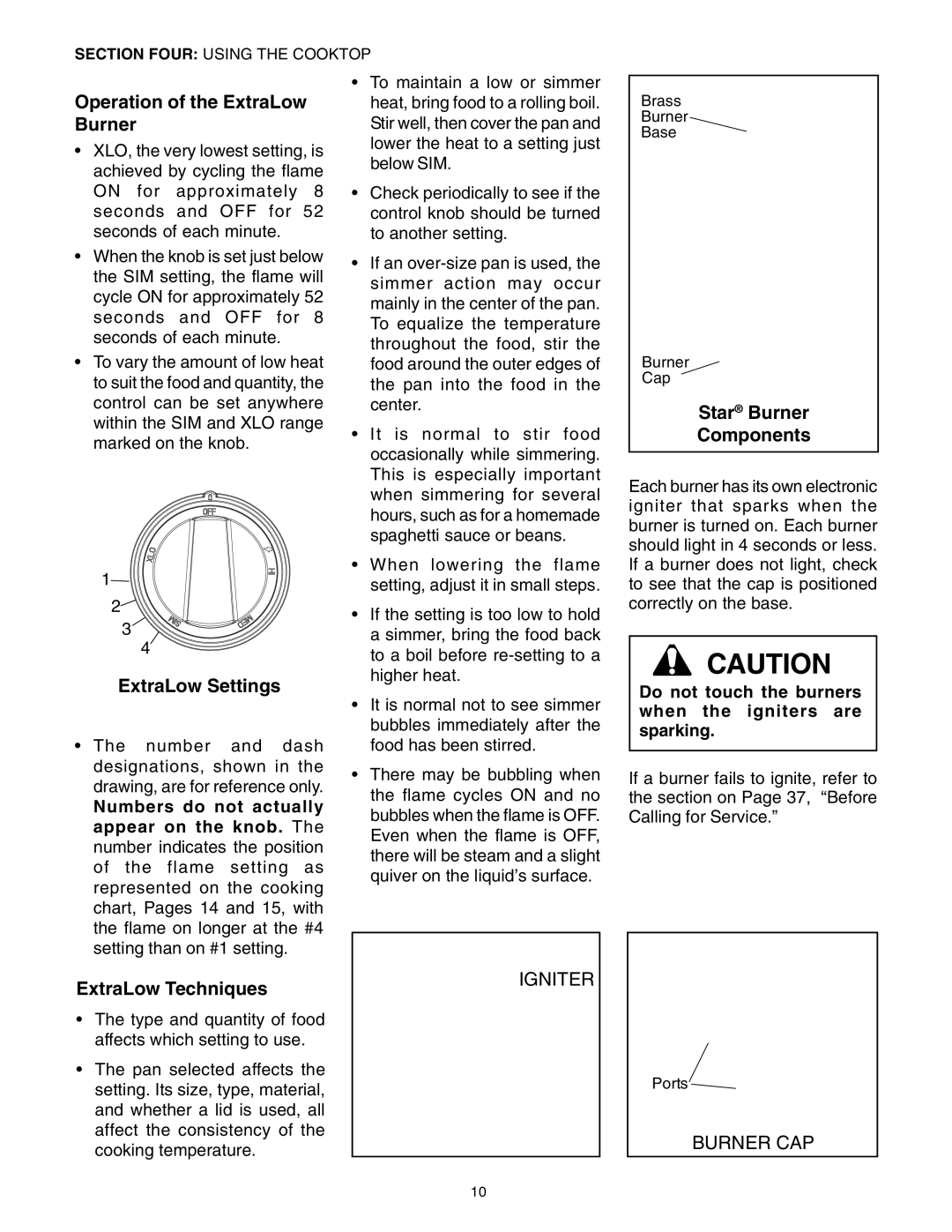 Thermador DP30 manual Operation of the ExtraLow Burner, ExtraLow Settings, ExtraLow Techniques, Star Burner Components 