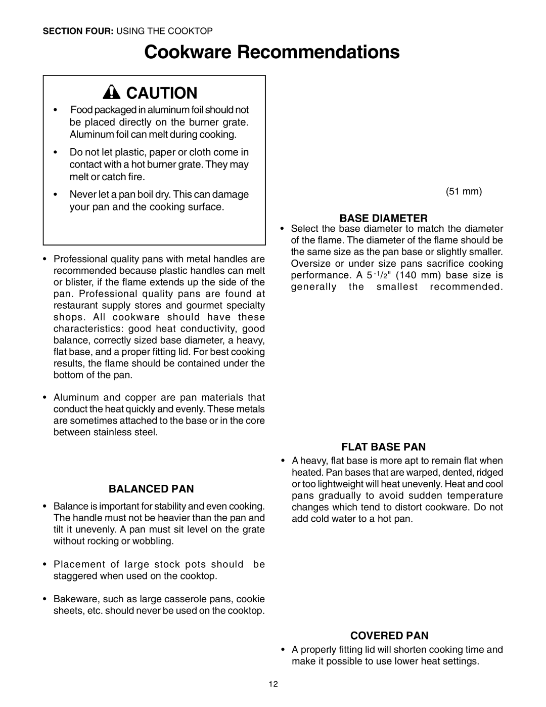 Thermador DP30 manual Cookware Recommendations, Balanced PAN, Base Diameter, Flat Base PAN, Covered PAN 