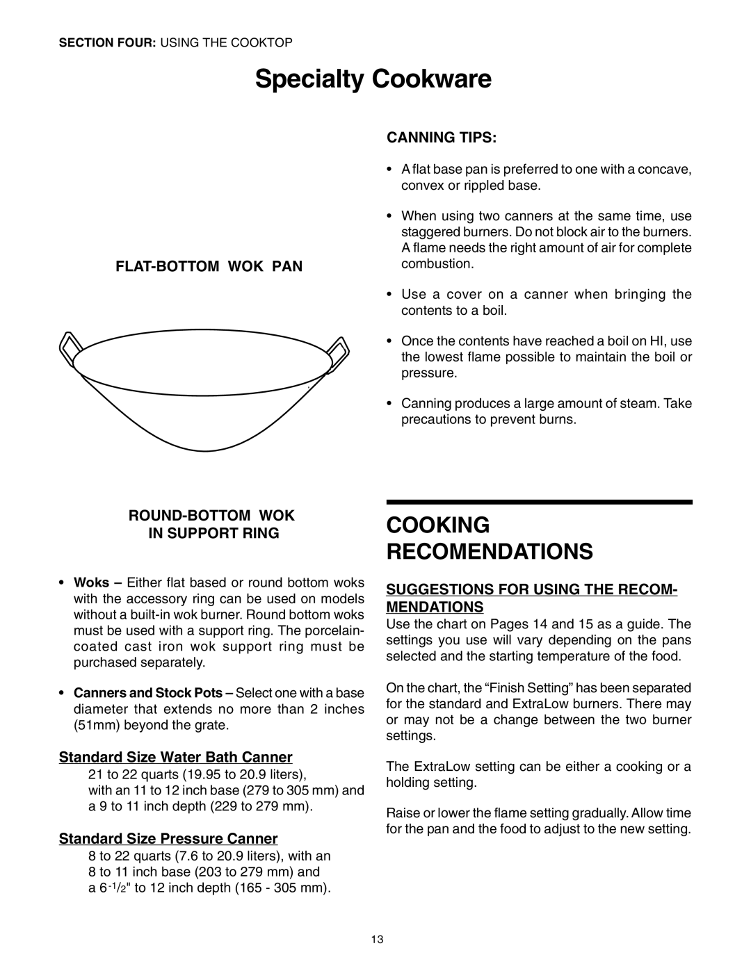 Thermador DP30 manual Specialty Cookware, Canning Tips, Flat-Bottom Wok Pan, ROUND-BOTTOM WOK in Support Ring 