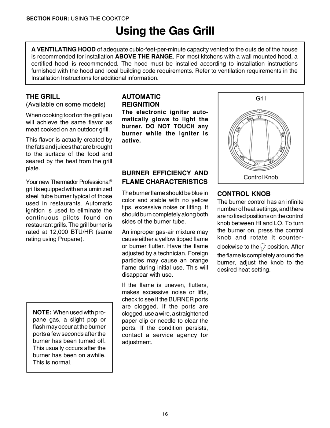 Thermador DP30 manual Using the Gas Grill, Automatic Reignition, Burner Efficiency and Flame Characteristics, Control Knob 