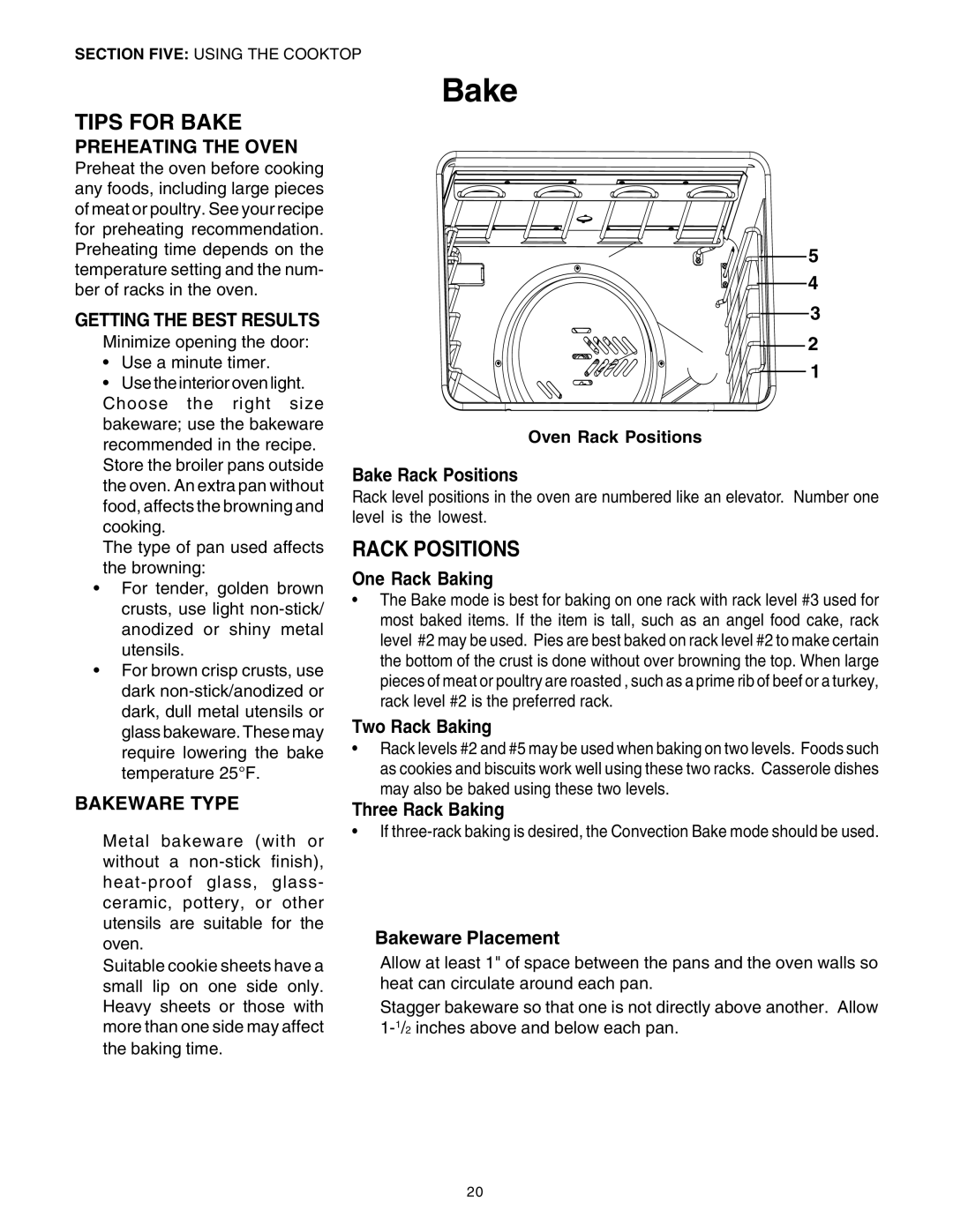 Thermador DP30 manual Tips for Bake, Rack Positions 