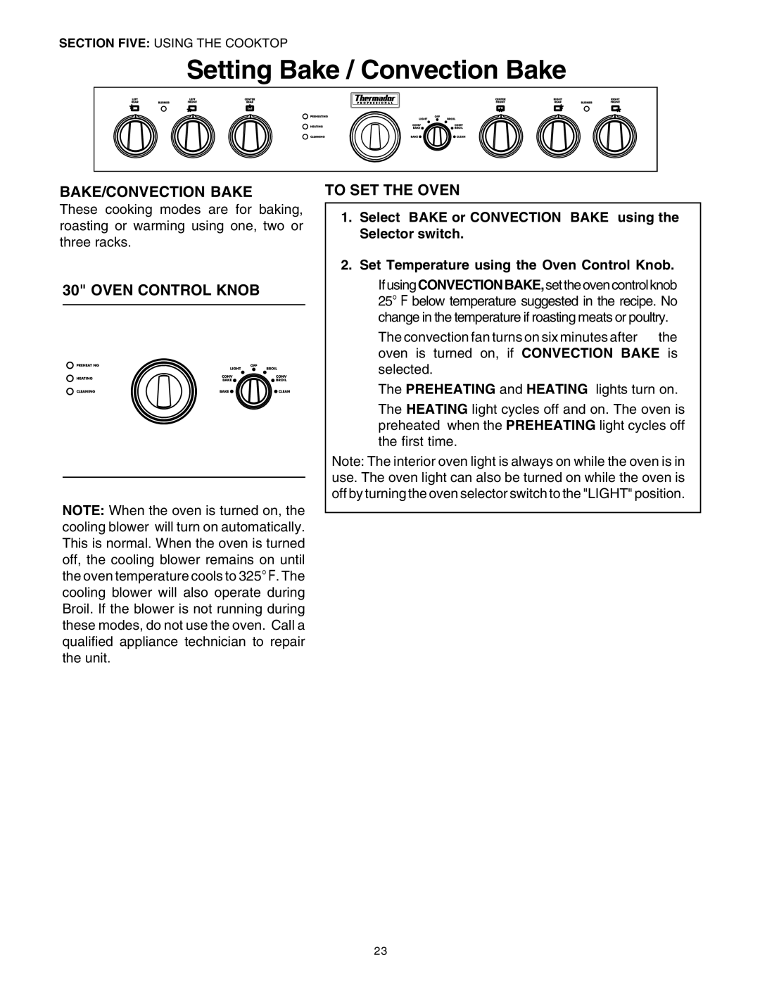 Thermador DP30 manual Setting Bake / Convection Bake, BAKE/CONVECTION Bake, Oven Control Knob To SET the Oven 