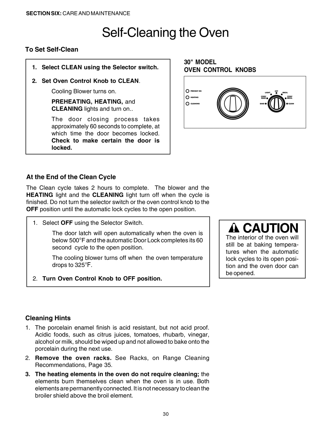 Thermador DP30 manual To Set Self-Clean, Model Oven Control Knobs, At the End of the Clean Cycle, Cleaning Hints 