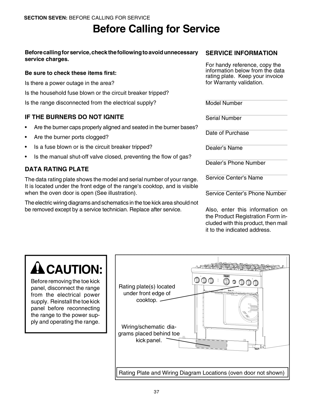 Thermador DP30 manual Before Calling for Service, If the Burners do not Ignite, Service Information, Data Rating Plate 