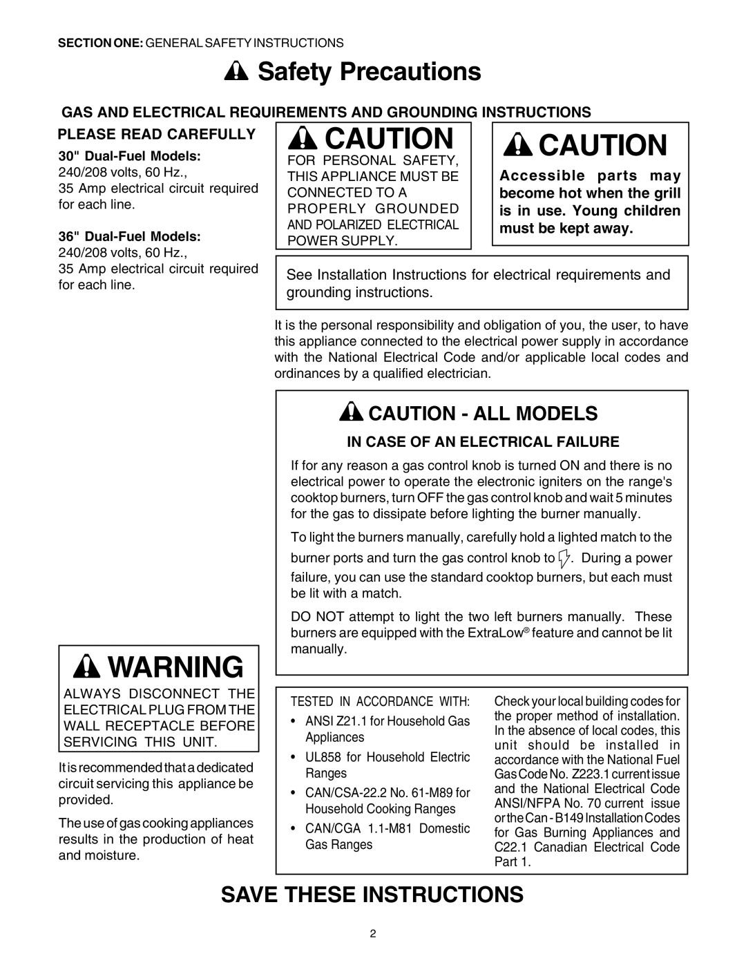 Thermador DP30 manual Safety Precautions, Case of AN Electrical Failure 