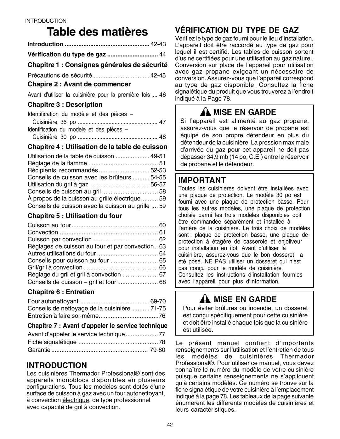 Thermador DP30 manual Vérification DU Type DE GAZ, Mise EN Garde 