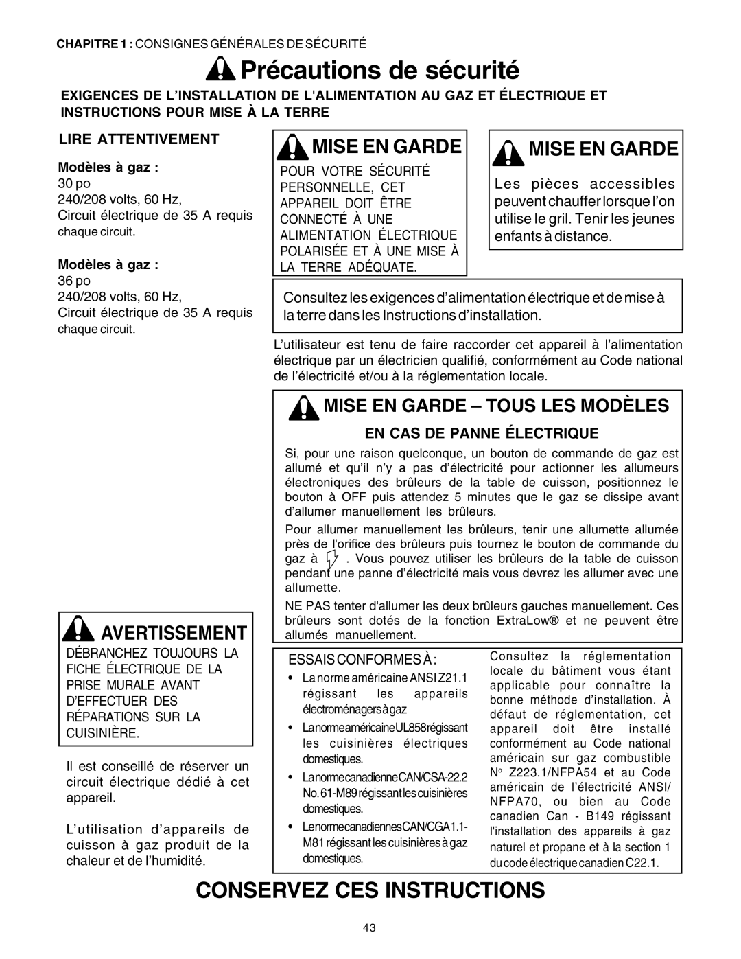 Thermador DP30 manual Précautions de sécurité, Lire Attentivement, EN CAS DE Panne Électrique, Modèles à gaz 