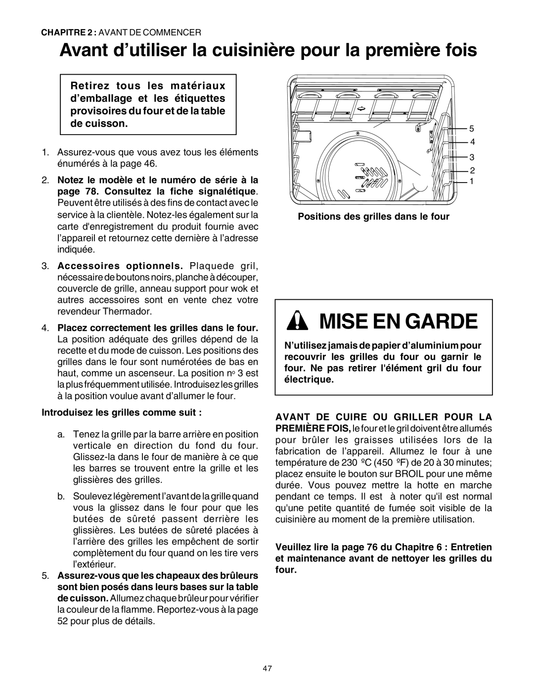 Thermador DP30 manual Avant d’utiliser la cuisinière pour la première fois, Introduisez les grilles comme suit 