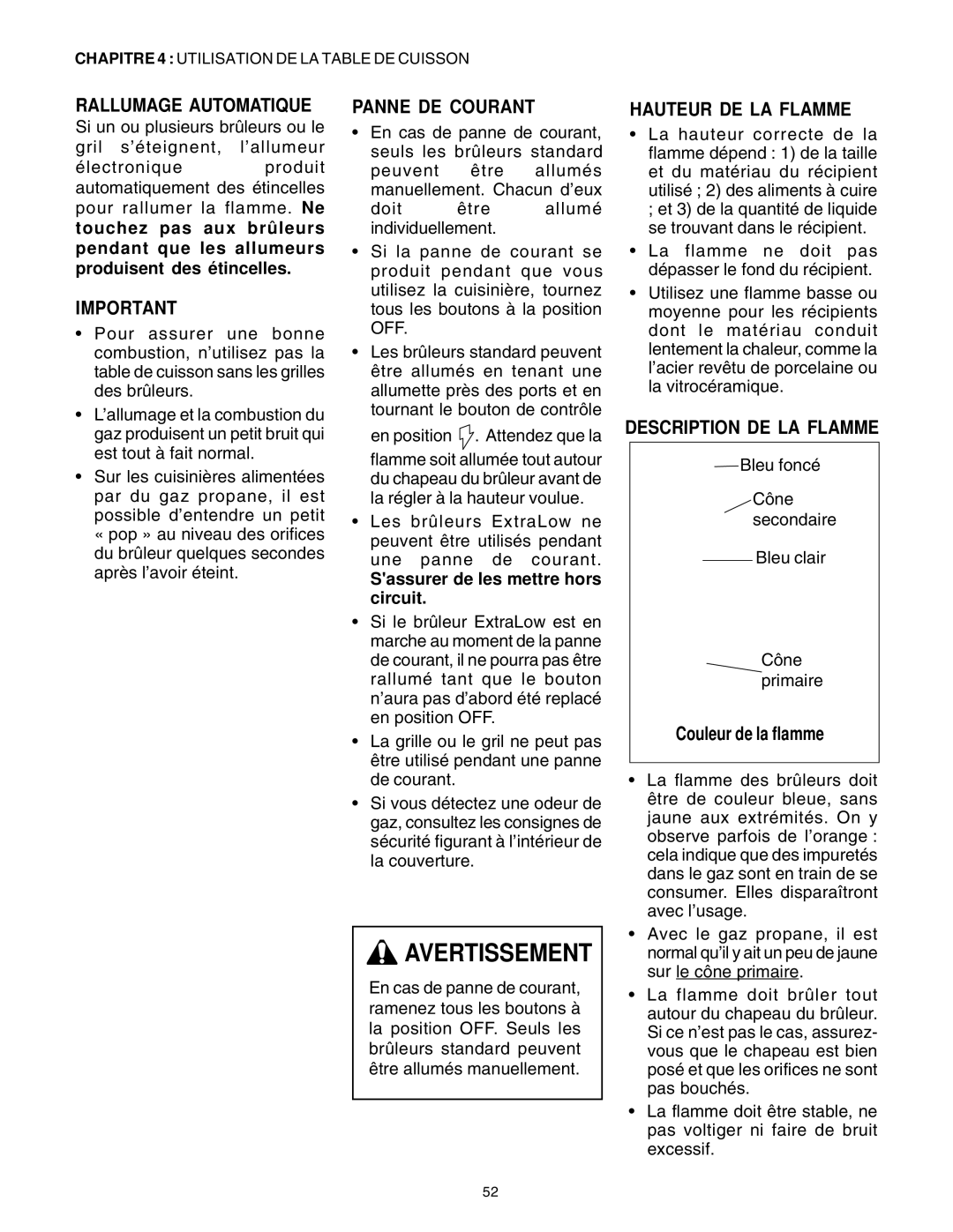 Thermador DP30 manual Rallumage Automatique, Panne DE Courant, Hauteur DE LA Flamme, Description DE LA Flamme 