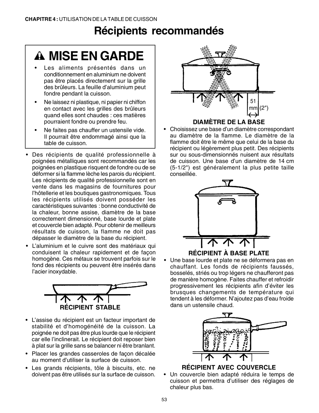 Thermador DP30 manual Récipients recommandés, Récipient Stable, Diamètre DE LA Base, Récipient À Base Plate 