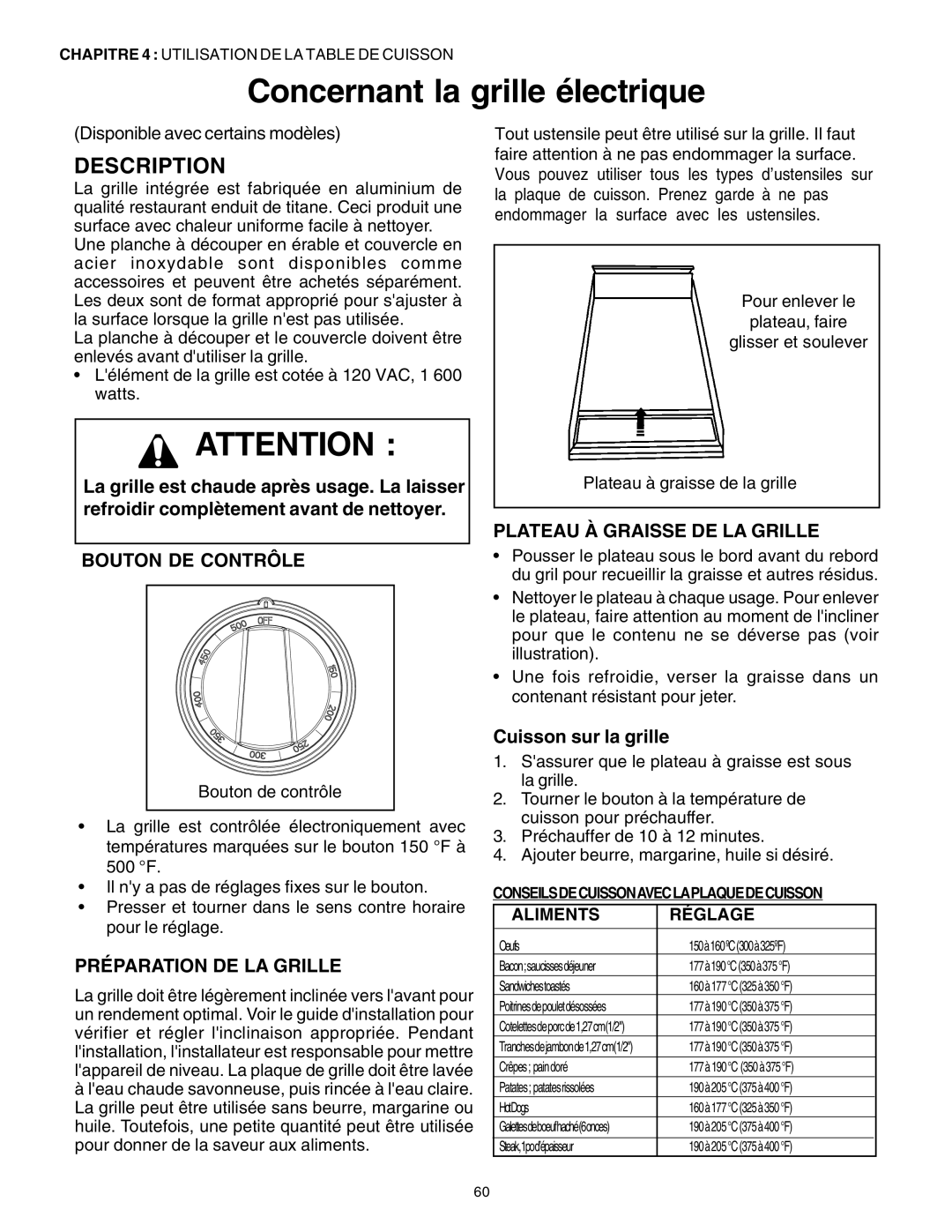 Thermador DP30 manual Concernant la grille électrique, Préparation DE LA Grille, Plateau À Graisse DE LA Grille 