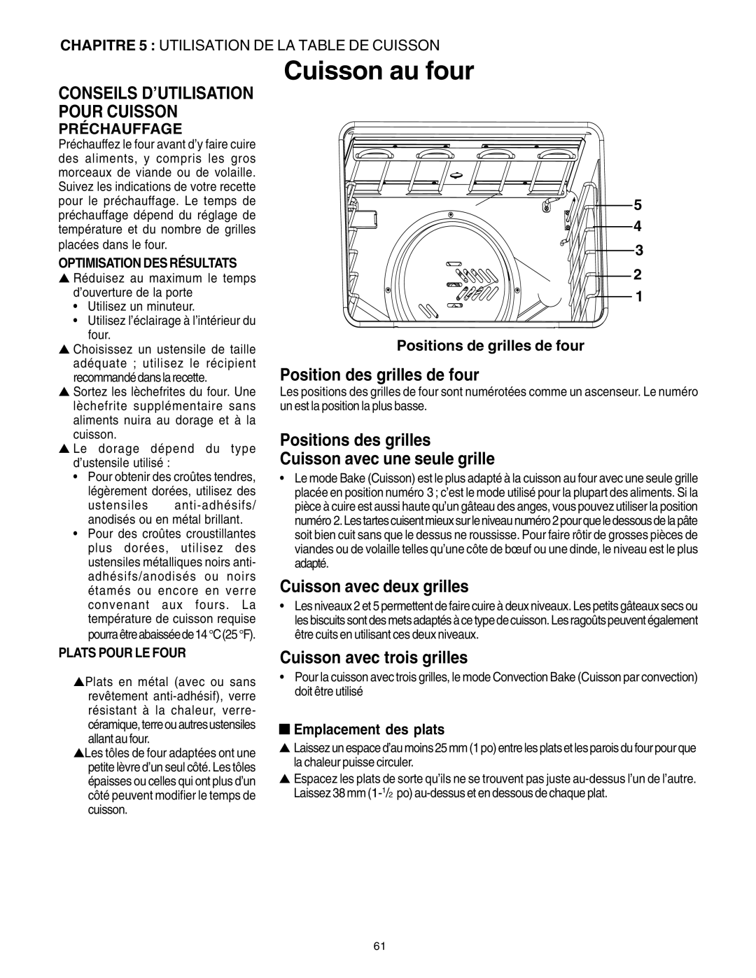 Thermador DP30 manual Cuisson au four, Préchauffage, Positions de grilles de four, Emplacement des plats 