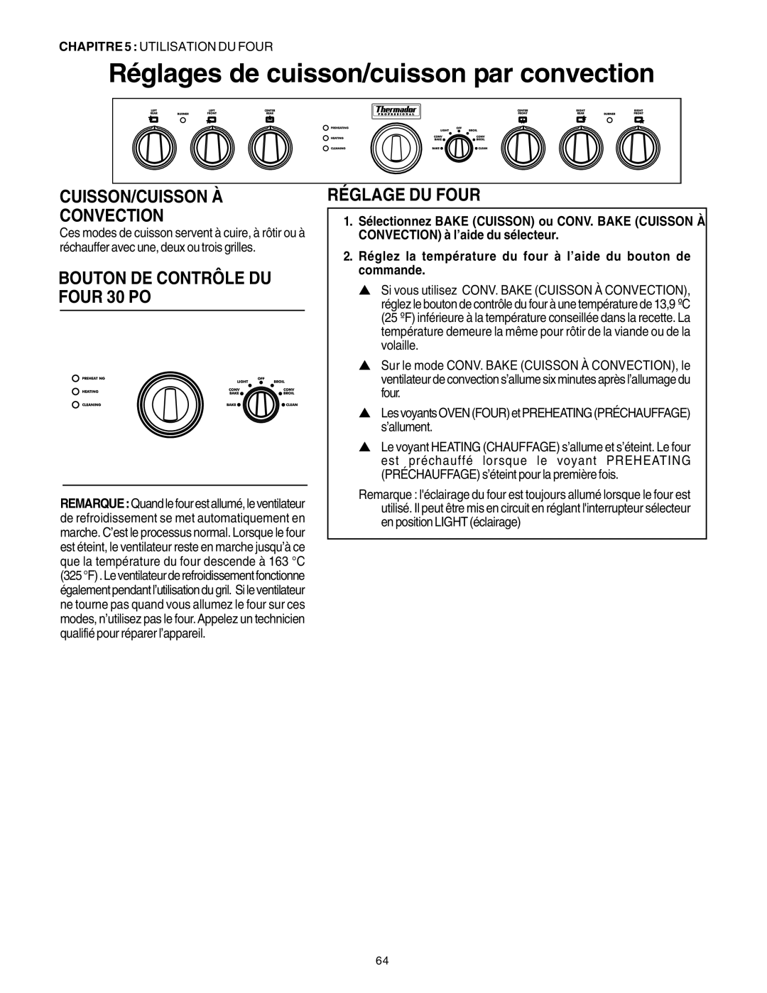 Thermador DP30 Réglages de cuisson/cuisson par convection, CUISSON/CUISSON À Convection, Bouton DE Contrôle DU Four 30 PO 