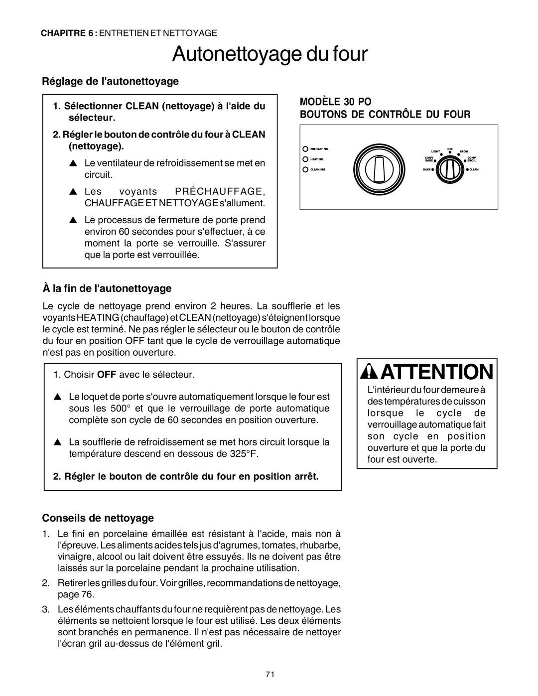 Thermador DP30 manual Réglage de lautonettoyage, La fin de lautonettoyage, Modèle 30 PO Boutons DE Contrôle DU Four 