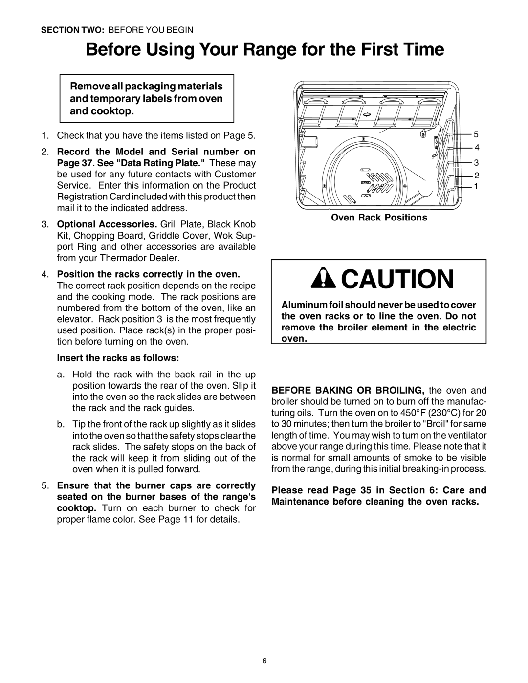 Thermador DP30 manual Before Using Your Range for the First Time, Insert the racks as follows 