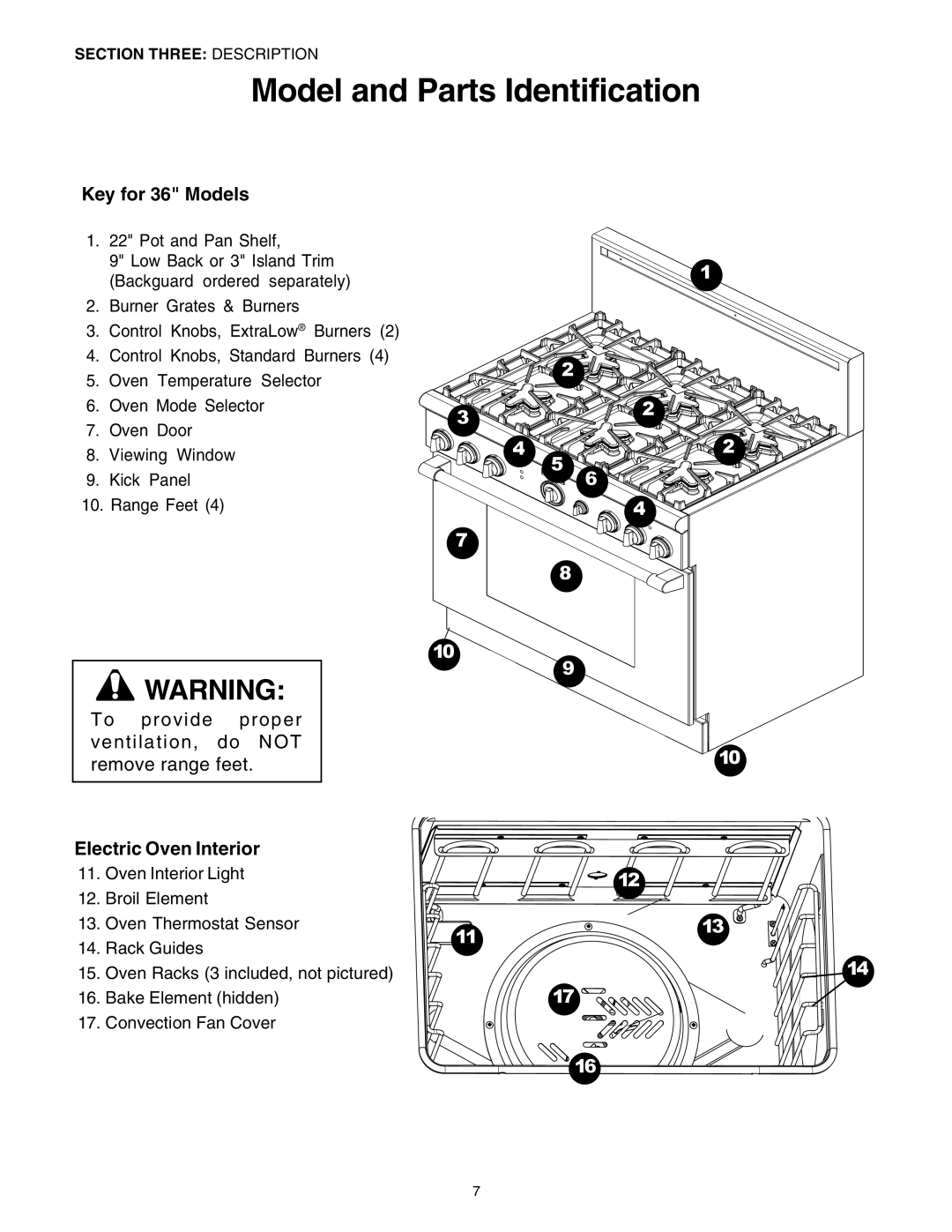 Thermador DP30 manual Model and Parts Identification, Key for 36 Models, Electric Oven Interior 