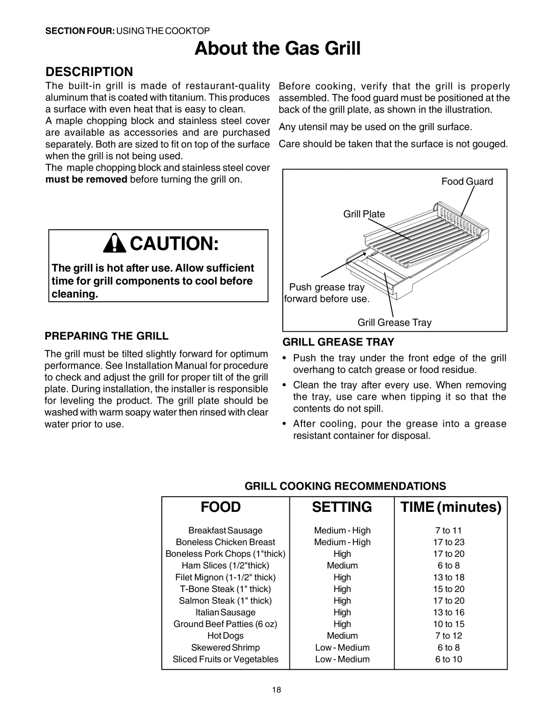 Thermador DP30 manual About the Gas Grill, Food, Setting, TIME minutes, Description, Preparing The Grill, Grill Grease Tray 