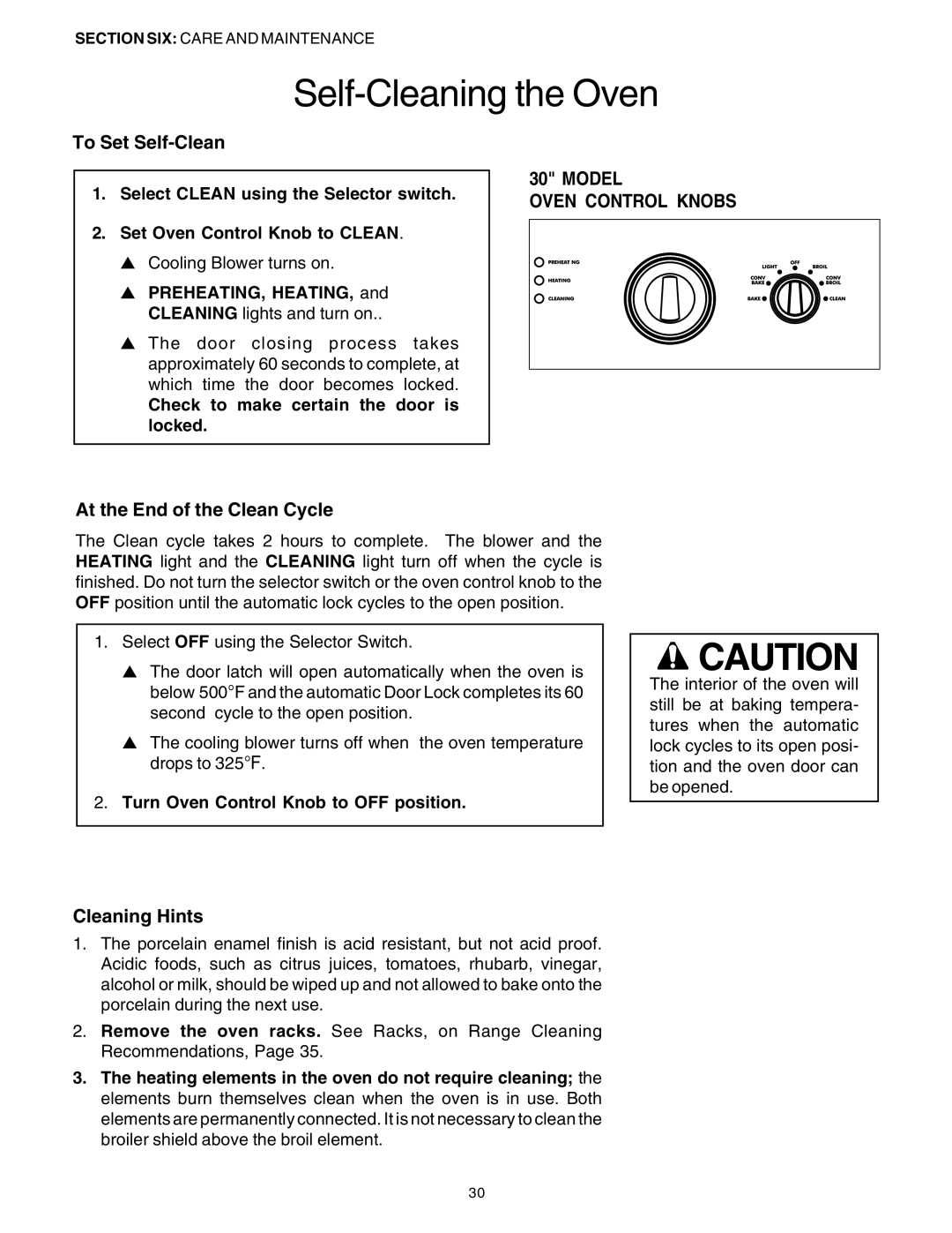 Thermador DP30 manual To Set Self-Clean, Model Oven Control Knobs, At the End of the Clean Cycle, Cleaning Hints 