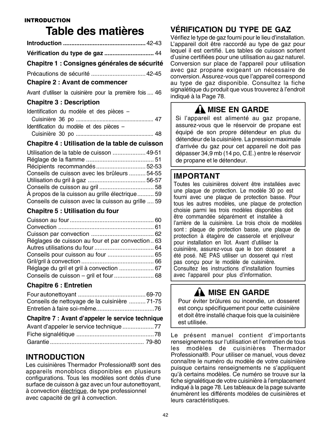 Thermador DP30 manual Vérification Du Type De Gaz, Mise En Garde, Chapire 2 : Avant de commencer, Chapitre 3 Description 