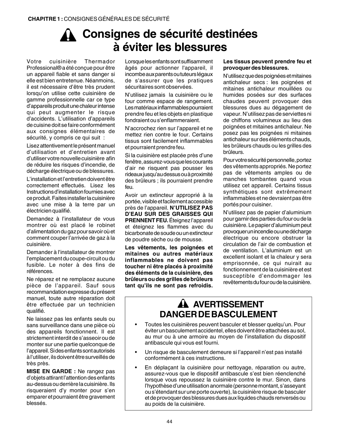 Thermador DP30 manual Avertissement Danger De Basculement 