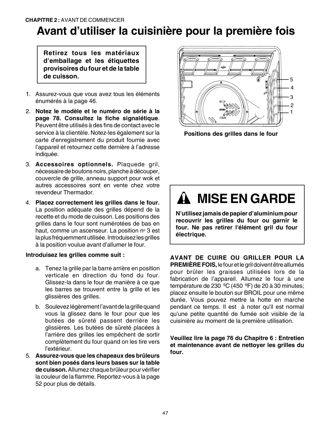 Thermador DP30 manual Mise En Garde, Introduisez les grilles comme suit, Positions des grilles dans le four 