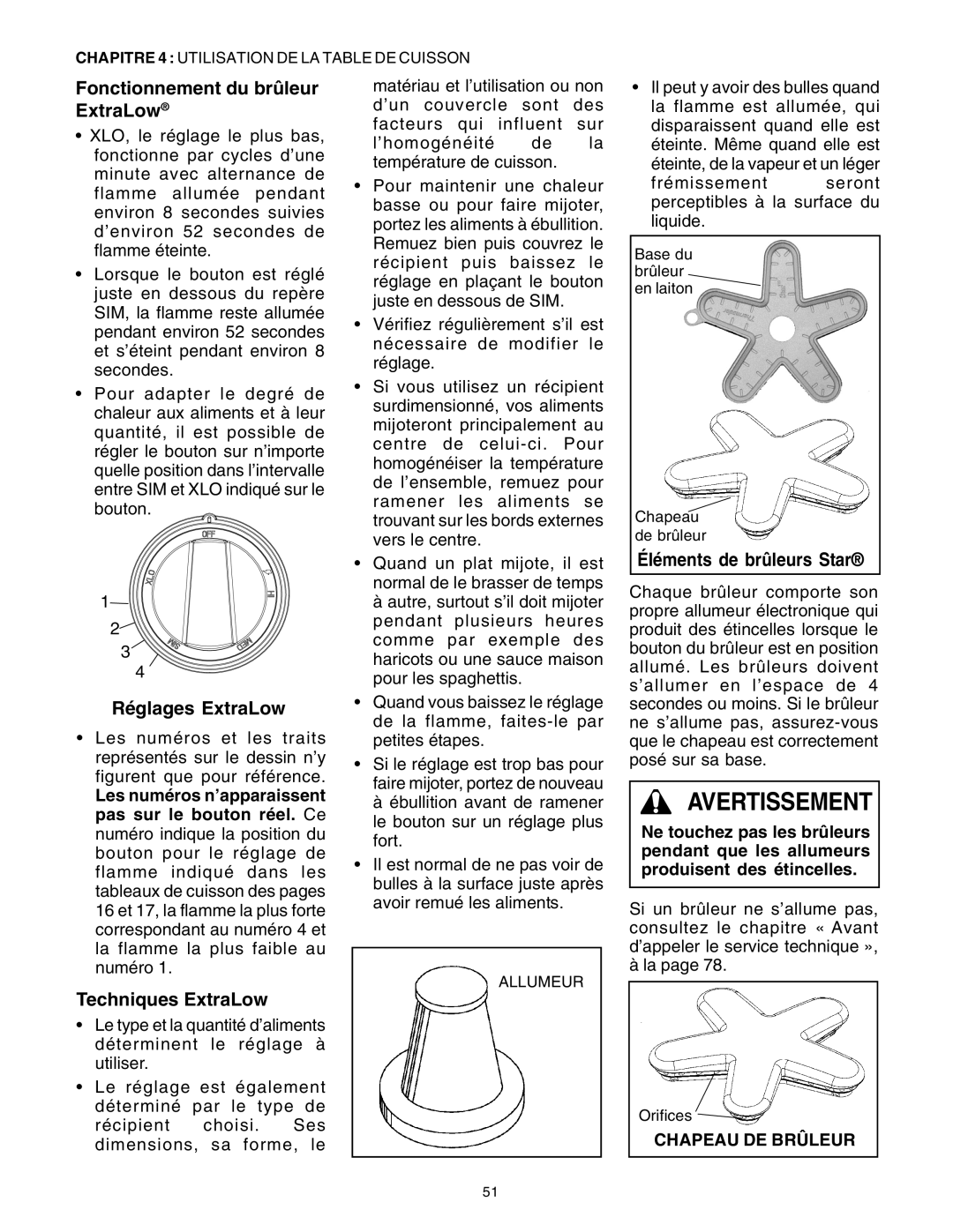 Thermador DP30 manual Fonctionnement du brûleur ExtraLow, Réglages ExtraLow, Techniques ExtraLow, Éléments de brûleurs Star 