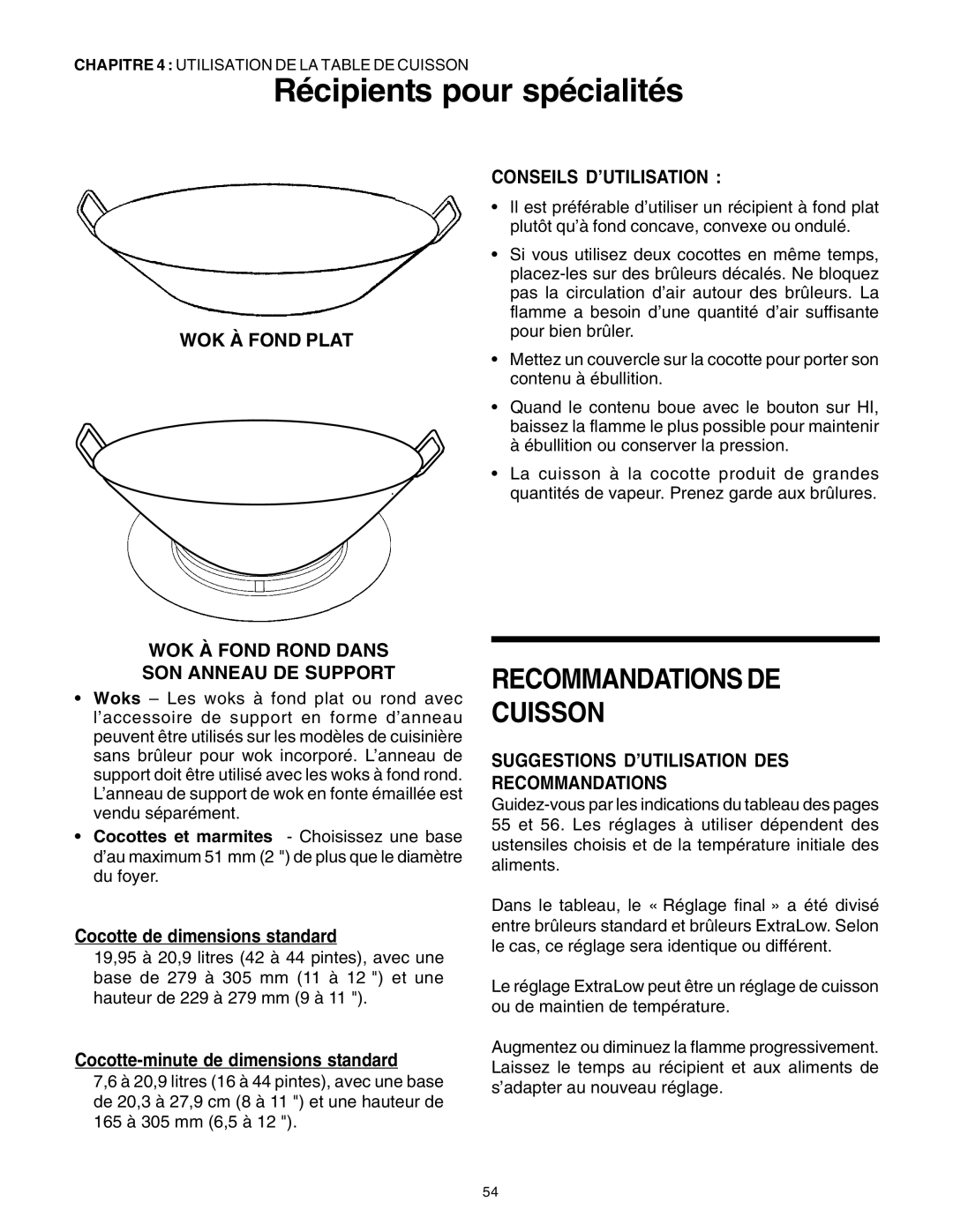 Thermador DP30 manual Récipients pour spécialités, Recommandations De Cuisson, Conseils D’Utilisation, Wok À Fond Plat 