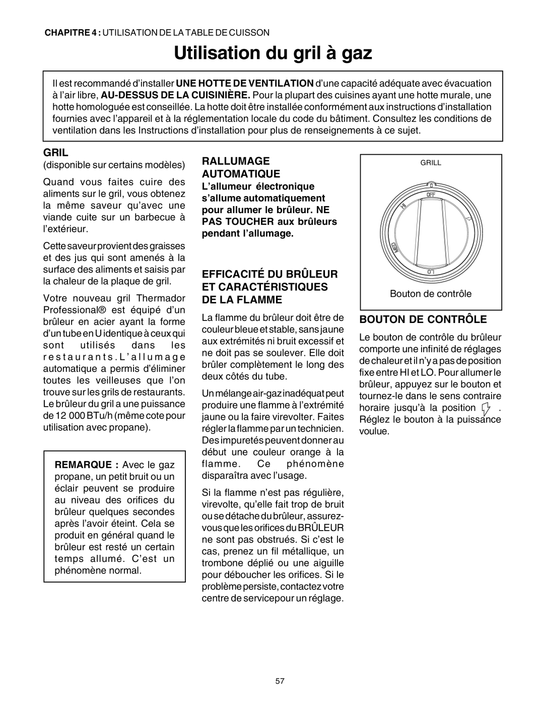 Thermador DP30 manual Utilisation du gril à gaz, Gril, Bouton De Contrôle, Rallumage Automatique 