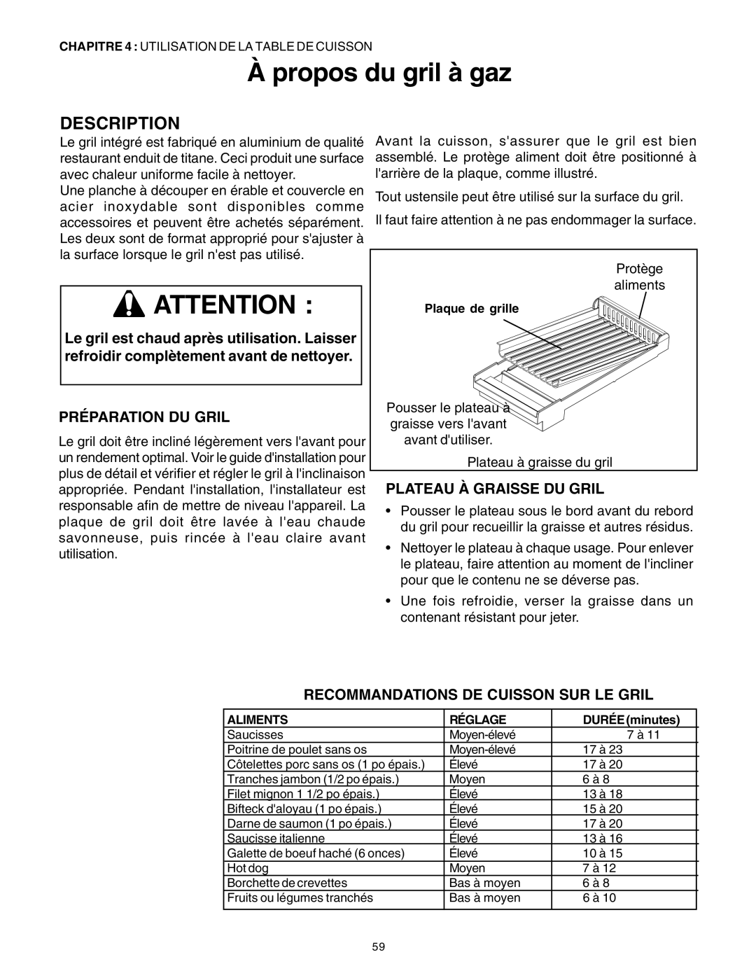 Thermador DP30 manual À propos du gril à gaz, Préparation Du Gril, Plateau À Graisse Du Gril, Description 