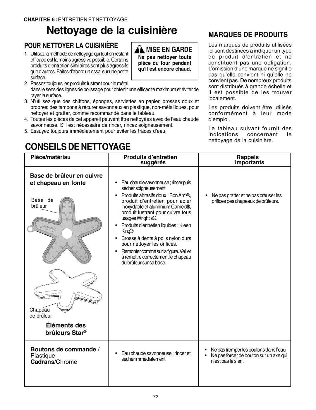 Thermador DP30 manual Nettoyage de la cuisinière, Conseils De Nettoyage, Marques De Produits, Pour Nettoyer La Cuisinière 