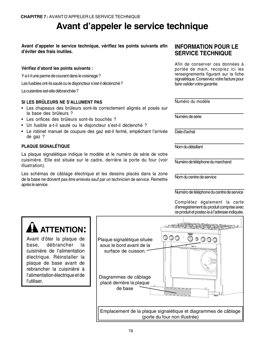 Thermador DP30 manual Avant d’appeler le service technique, Information Pour Le Service Technique 