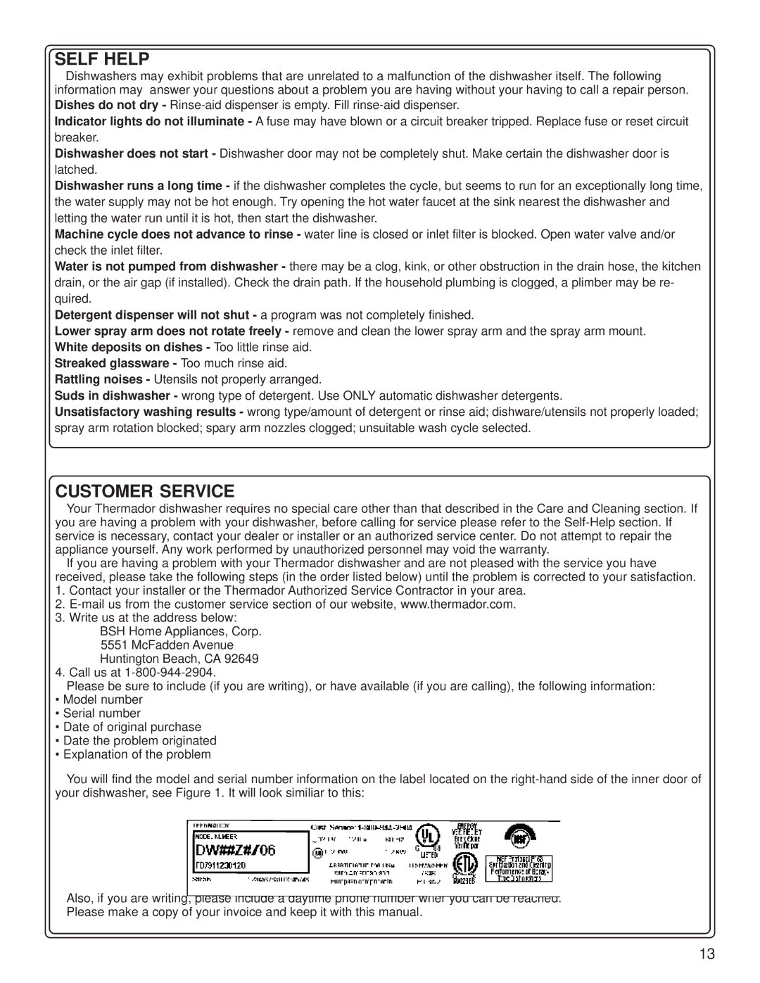 Thermador DW44FI, DW44ZB manual Self Help 