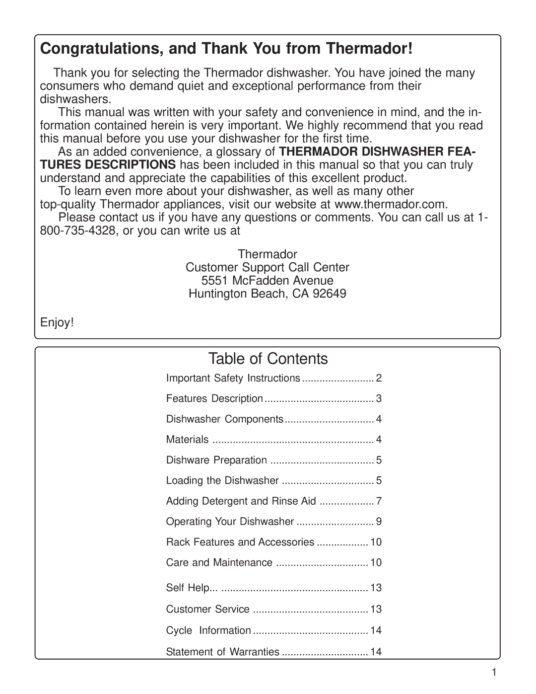 Thermador DW44FI, DW44ZB manual Congratulations, and Thank You from Thermador, Table of Contents 