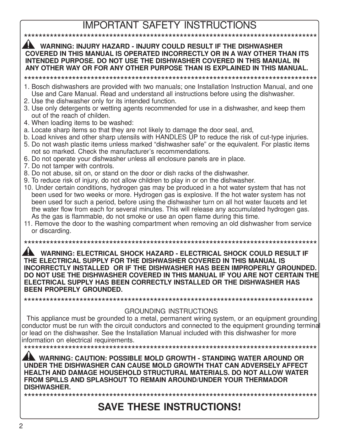 Thermador DW44ZB, DW44FI manual Important Safety Instructions 