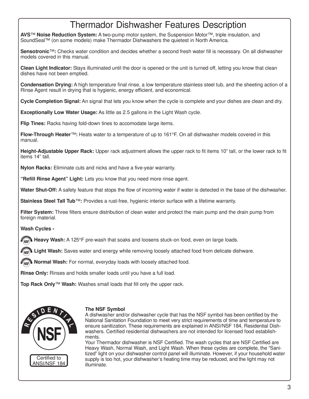 Thermador DW44FI, DW44ZB manual Thermador Dishwasher Features Description, Wash Cycles, NSF Symbol 