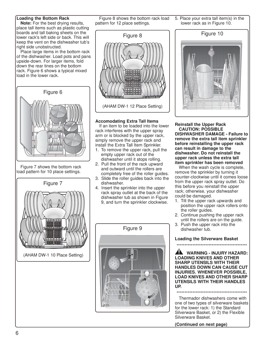 Thermador DW44ZB, DW44FI manual Loading the Bottom Rack, Accomodating Extra Tall Items, Reinstall the Upper Rack, On next 