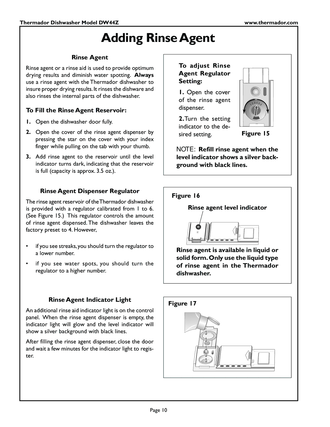 Thermador DW44ZW, DW44ZP, DW44ZSB manual Adding Rinse Agent 