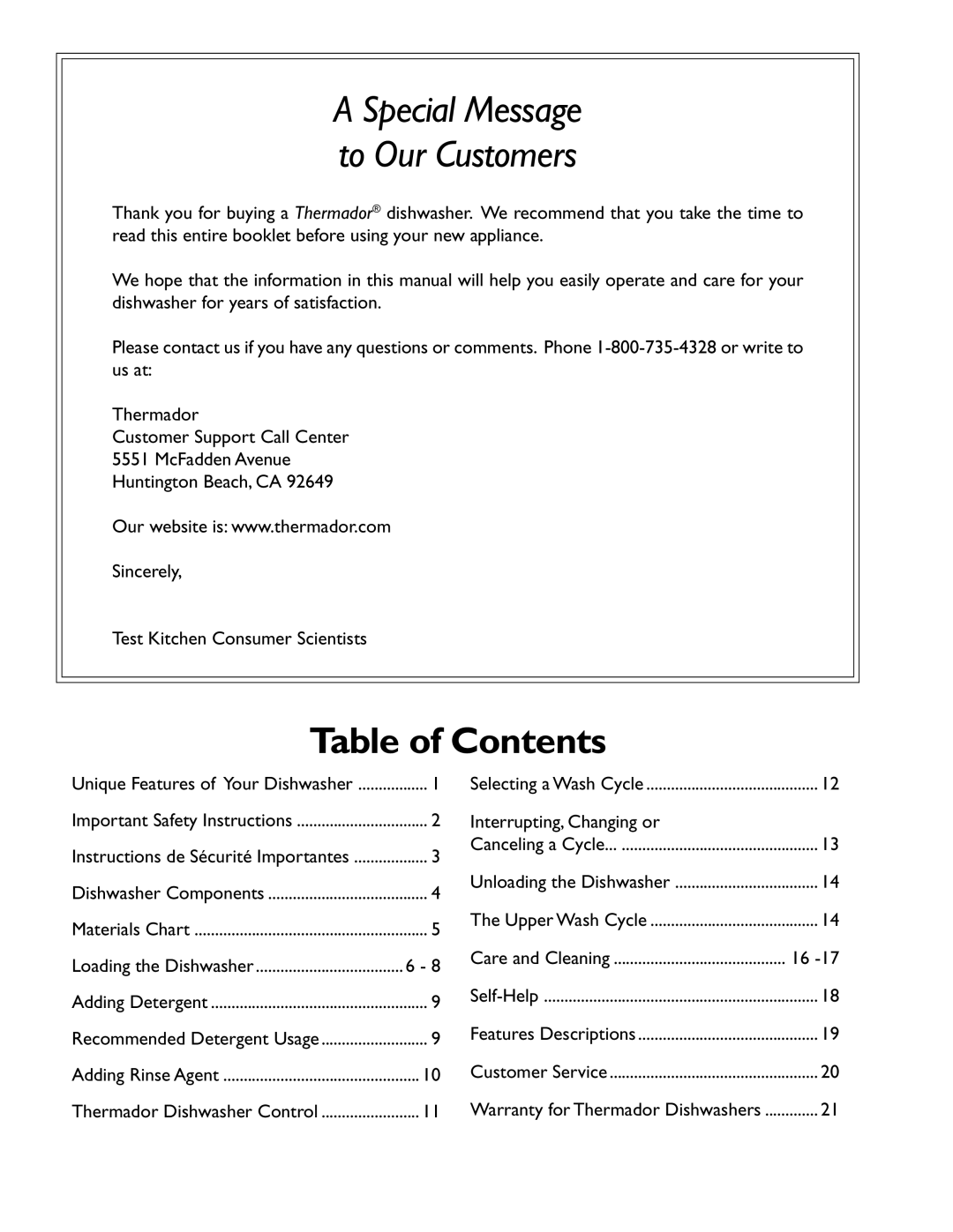 Thermador DW44ZP, DW44ZW, DW44ZSB manual Table of Contents 