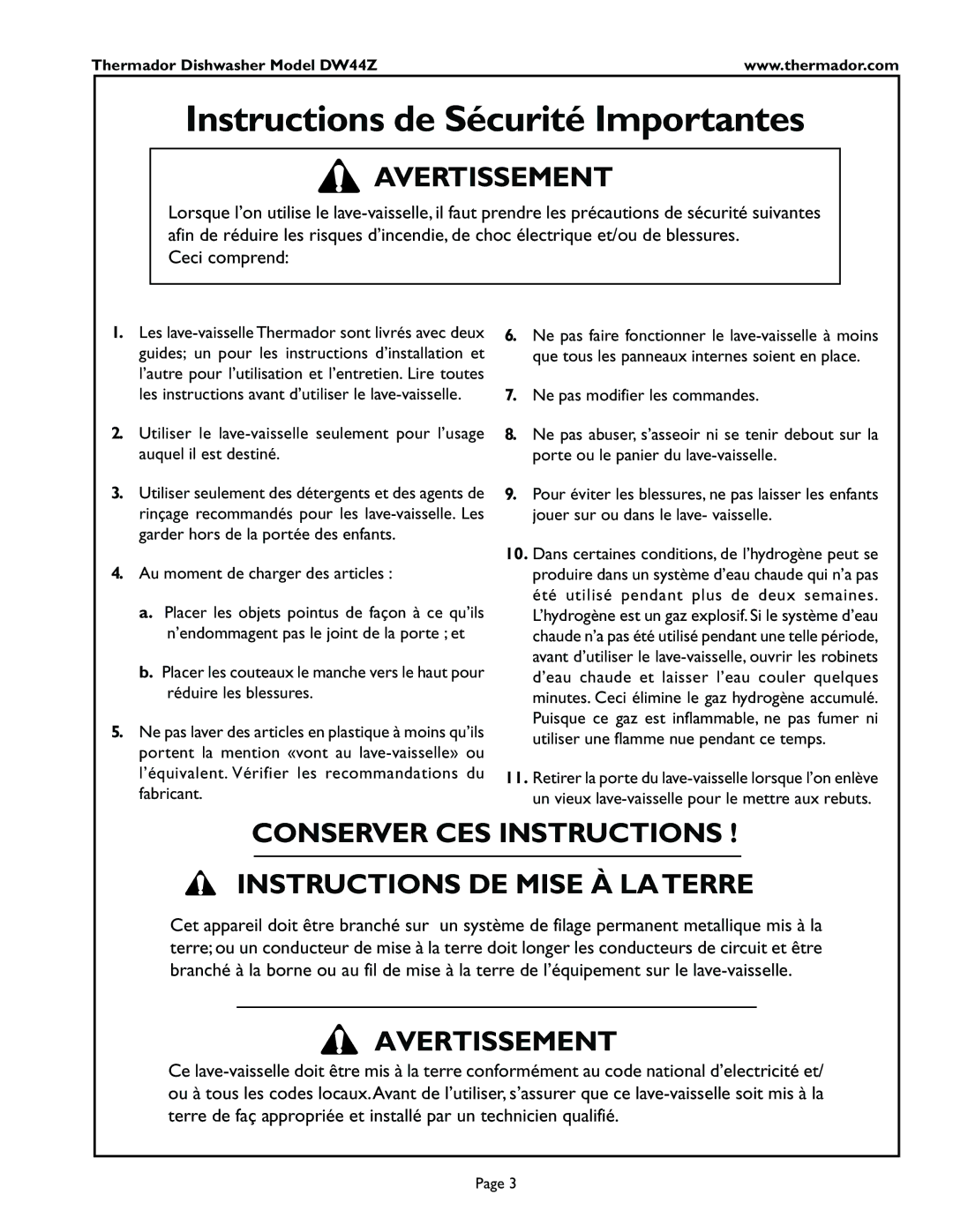 Thermador DW44ZW, DW44ZP, DW44ZSB manual Instructions de Sécurité Importantes, Avertissement 