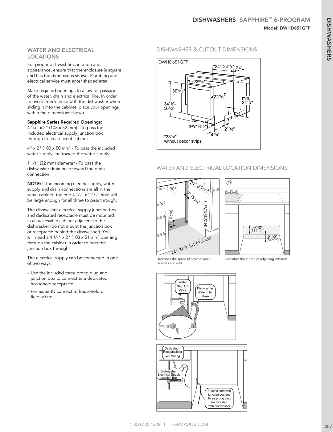 Thermador DWHD651GFP manual Water and ElECTRICAl lOCATION Dimensions, Thermador.Com 