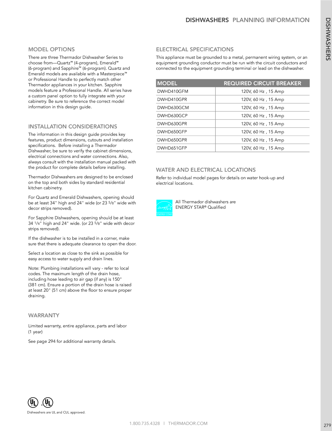 Thermador DWHD651GFP manual Dishwashers Planning Information 