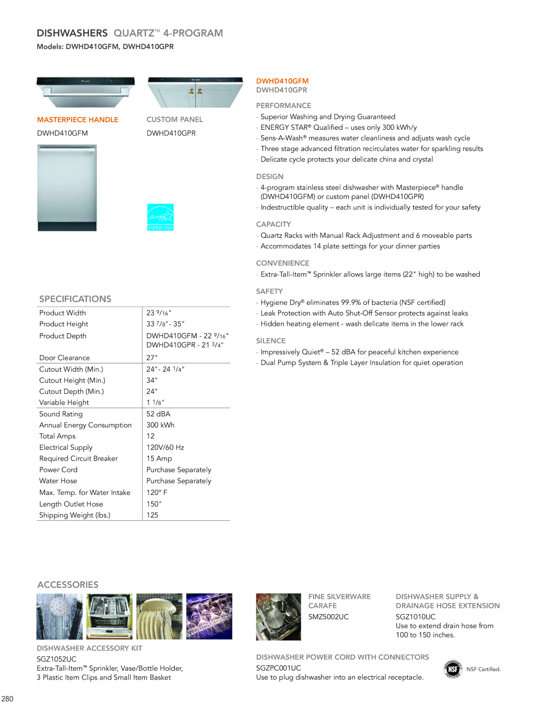 Thermador DWHD651GFP manual Specifications, Accessories 