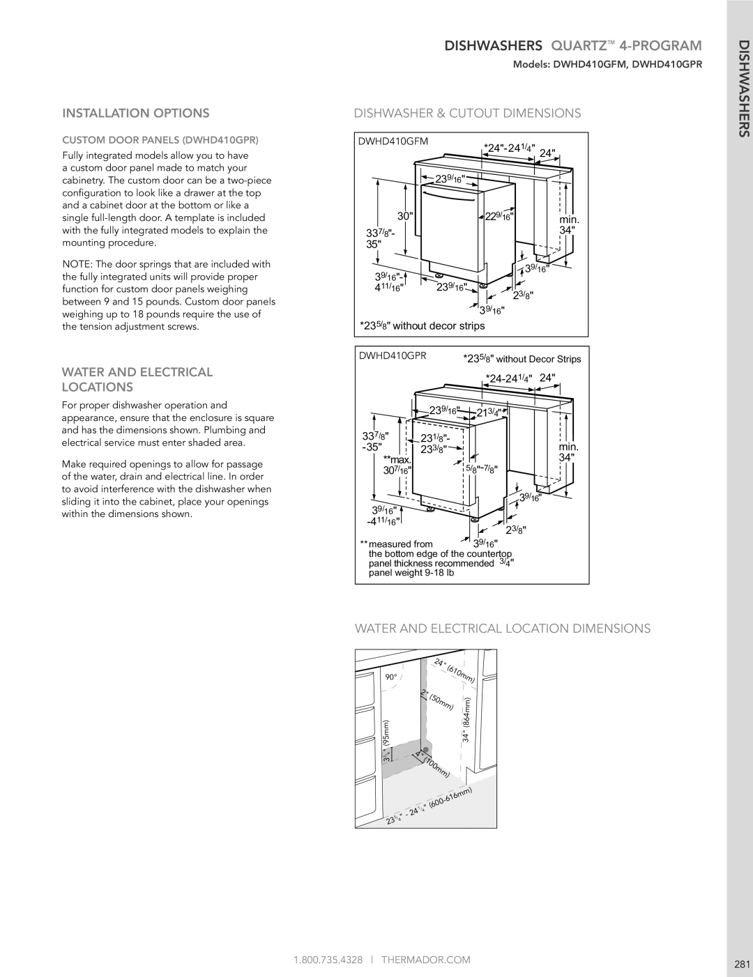 Thermador DWHD651GFP manual Installation Options, Dishwasher & Cutout Dimensions, Water and Electrical Location Dimensions 